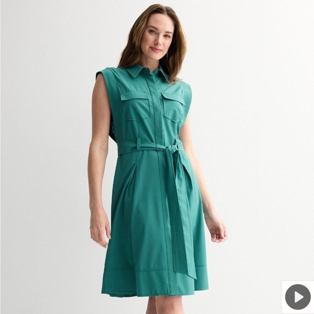 Andrew Marc Women’s Green Solid Sleeveless Button-Front Belted Shirt Dress Sz 12 - Picture 7 of 10